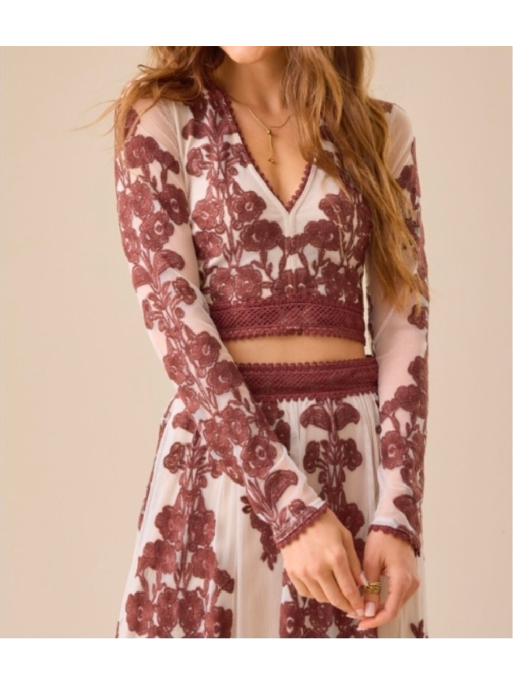 NWT Altar'd State Arissa Floral Embroidered Mesh Crop Top Burgundy Nude Boho M